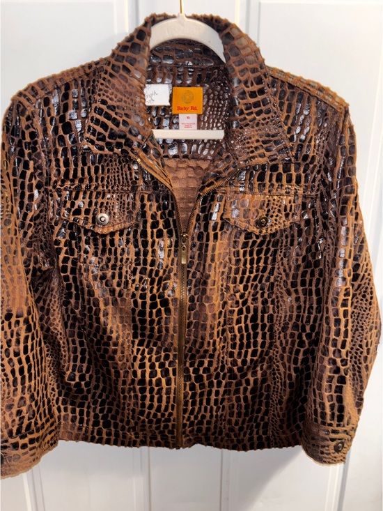 Ruby Rd. Jackets & Blazers - Ruby Rd. Sz.10 Croc-Embossed Glossy Brown Faux Leather Jacket ptp:21 length:22